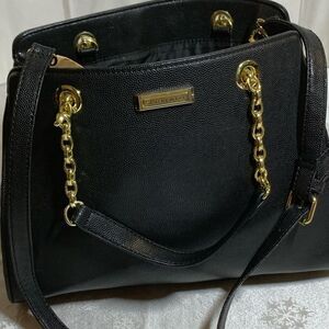 Tahari Crossbody Handbag Large 3 Compartments Black Vegan Leather Chain Strap